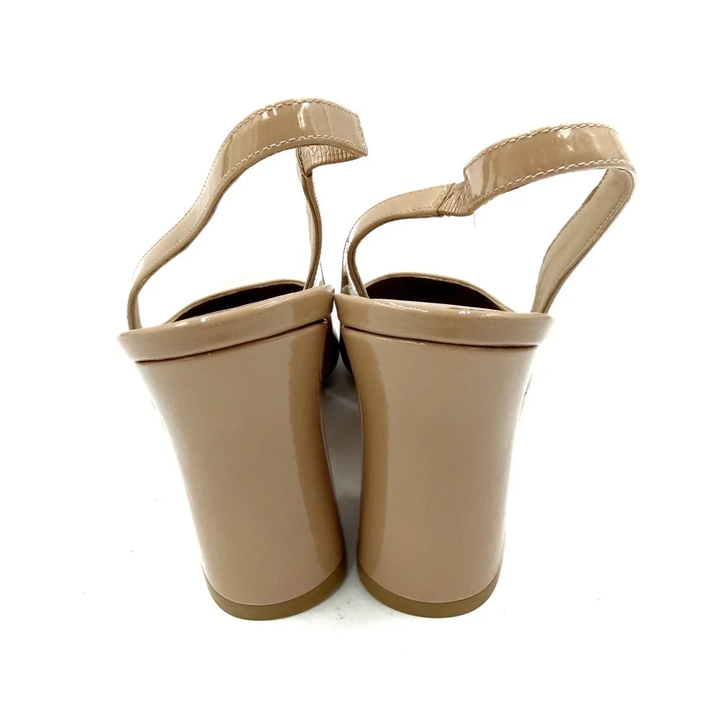 Stuart Weitzman Curveblock 85 Slingback Pumps Beige Patent Leather Heels 10.5